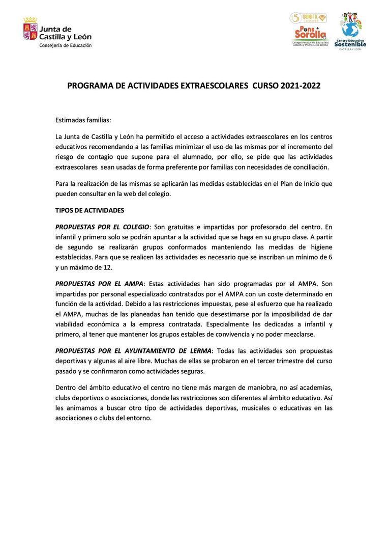 ACTIVIDADES ESTRAESCOLARES CURSO 2021/21